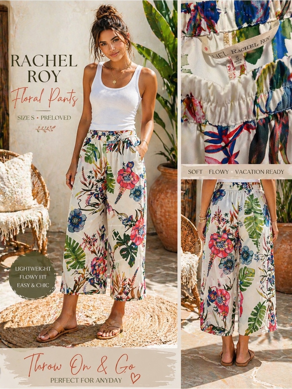 RACHEL Rachel Roy White Tropical Floral Cropped Wide-Leg Pants